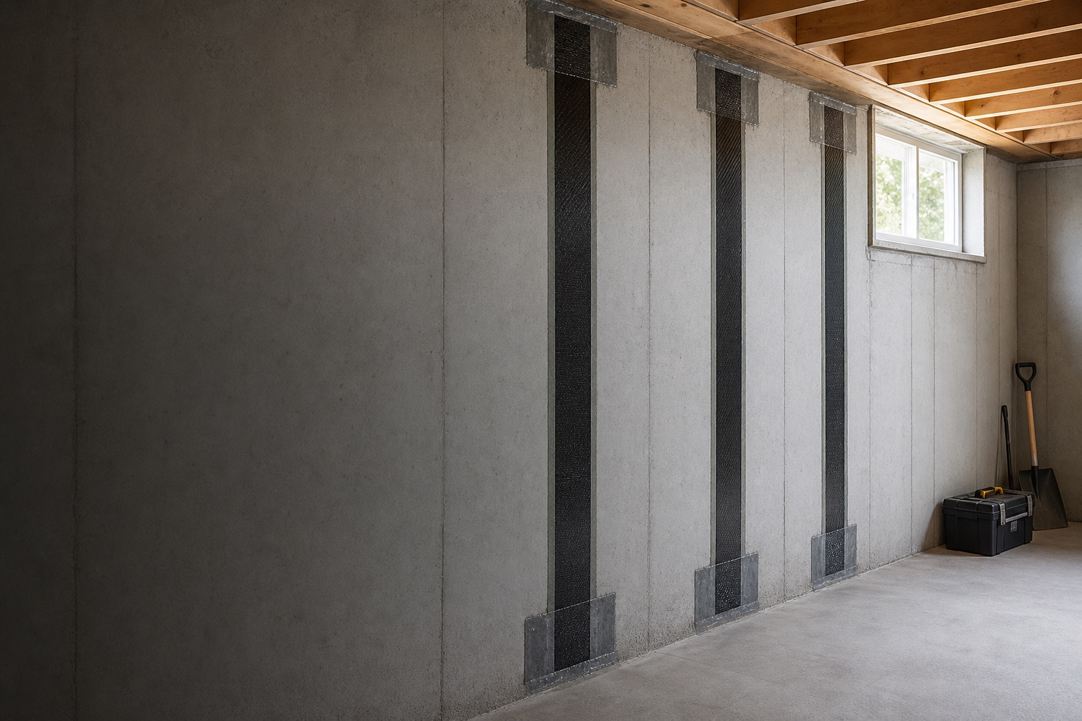 Carbon fiber foundation wall reinforcement in a clean basement